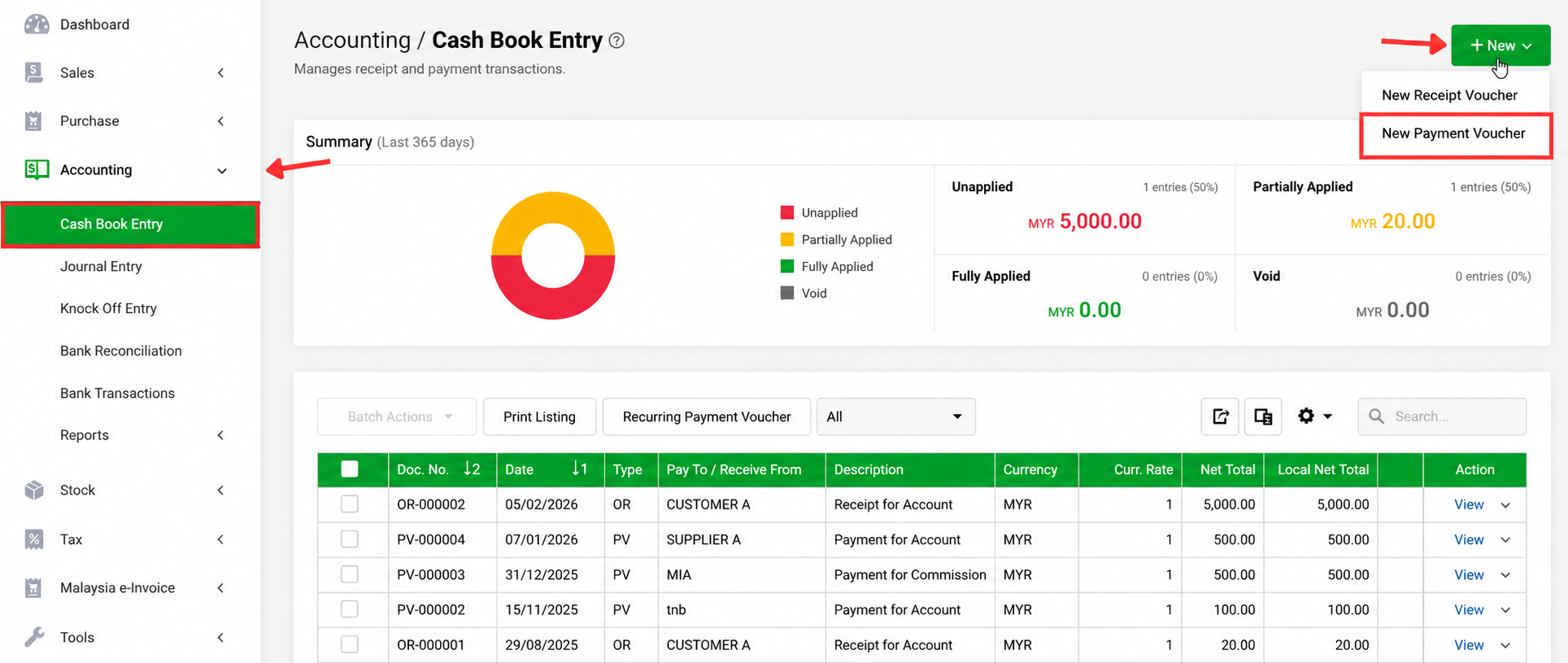 AutoCount Cloud Accounting Cash Book Entry page showing how to create a new Payment Voucher from the New menu.