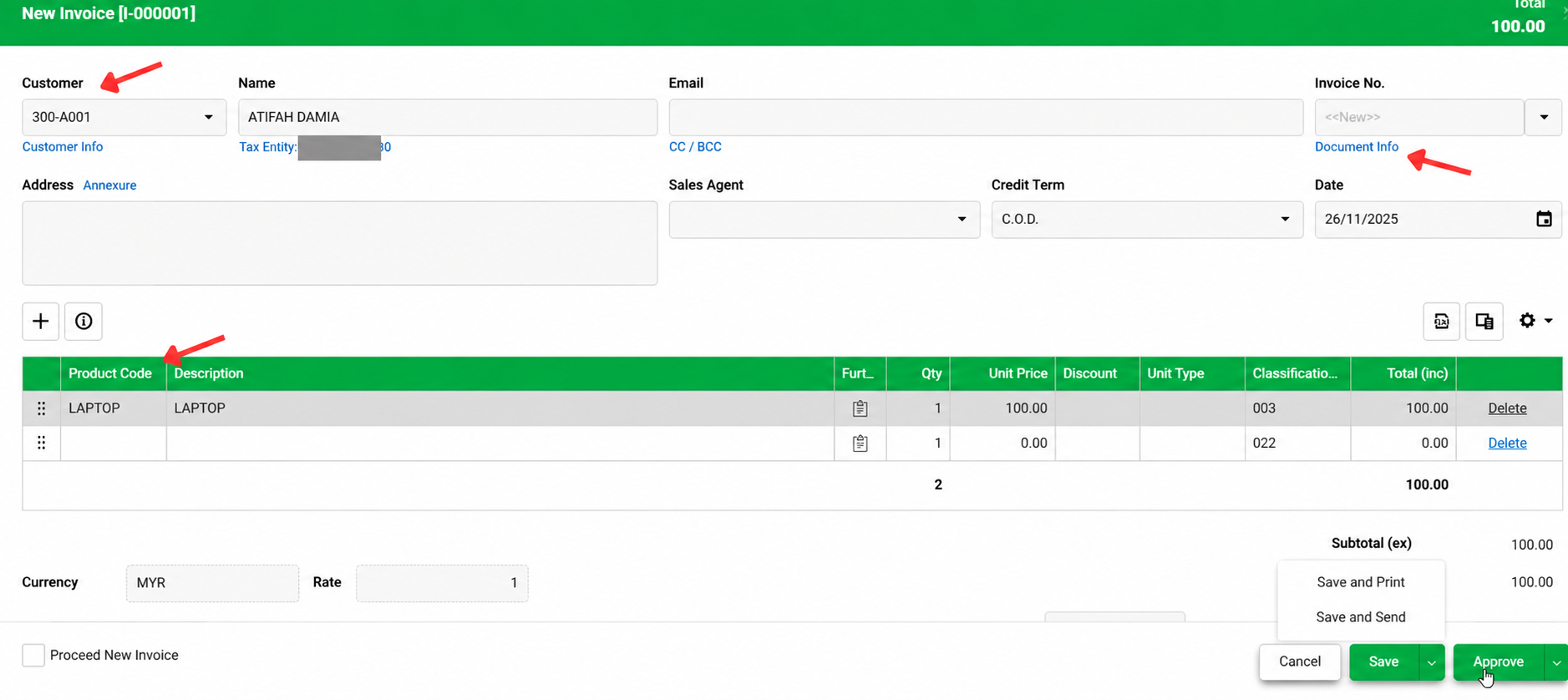 AutoCount Cloud Accounting new invoice screen showing selected customer, product, document information and Approve button