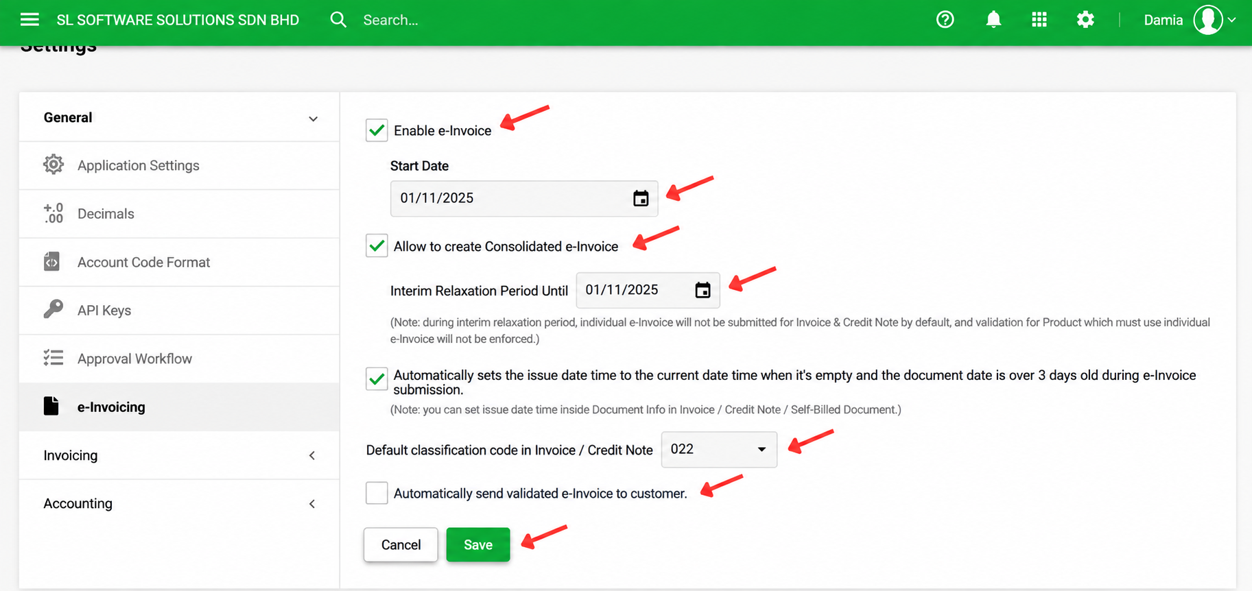 AutoCount Cloud Accounting e-Invoicing settings showing Enable e-Invoice, Start Date, Consolidated e-Invoice, Interim Relaxation Period, default classification code, automatic email option, and Save button