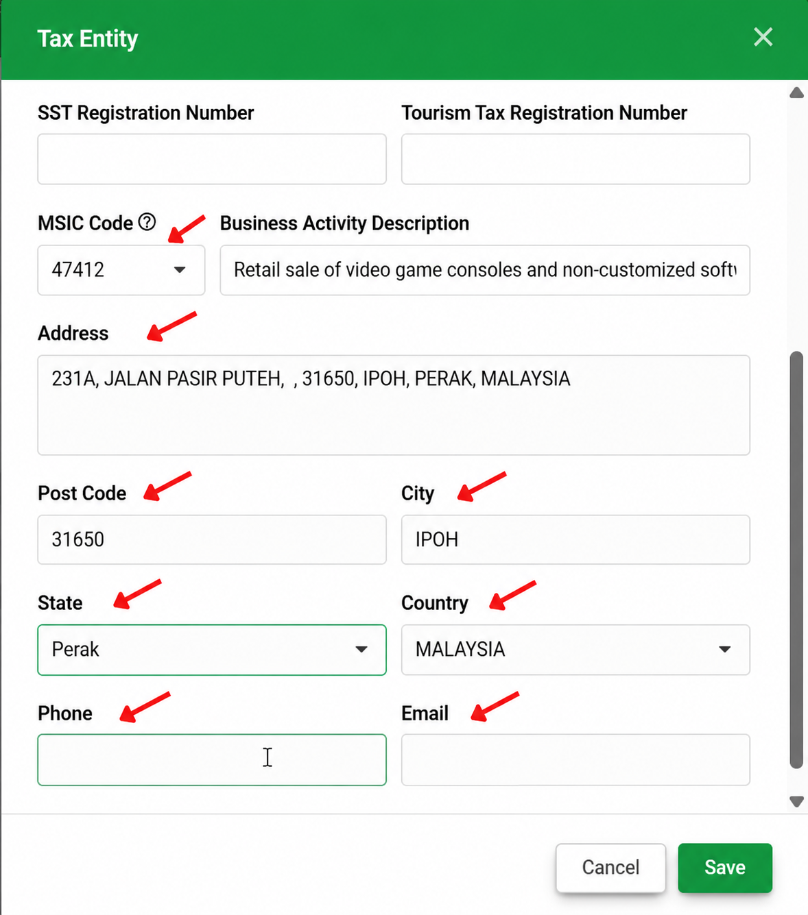 AutoCount Cloud Accounting Tax Entity form showing MSIC Code, address, post code, city, state, country, phone, email, and Save button