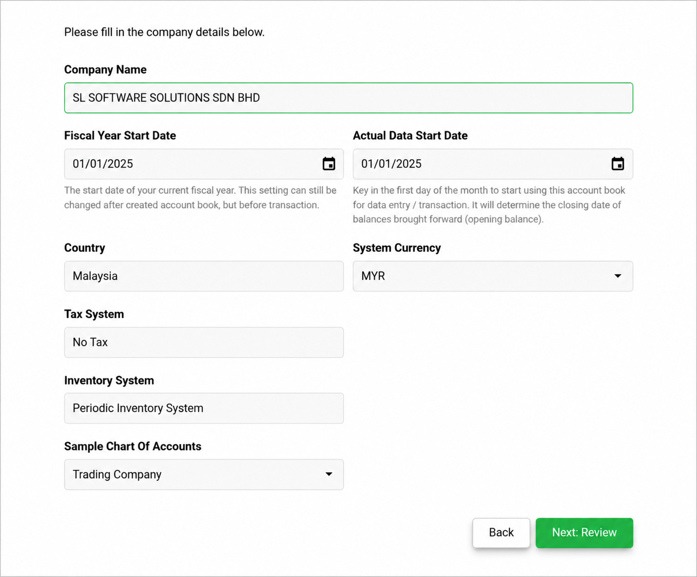 AutoCount Cloud Accounting company setup page showing Company Name, Fiscal Year Start Date, Actual Data Start Date, Country, Currency, Tax System, Inventory System, and Chart of Accounts