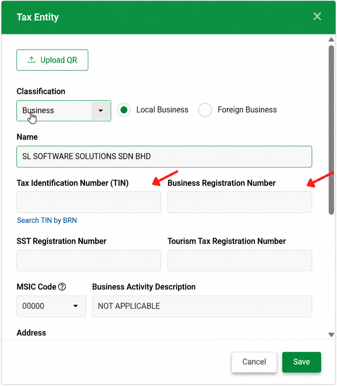 AutoCount Cloud Accounting Tax Entity form showing Business classification, company name, TIN, Business Registration Number, MSIC Code, and Save button