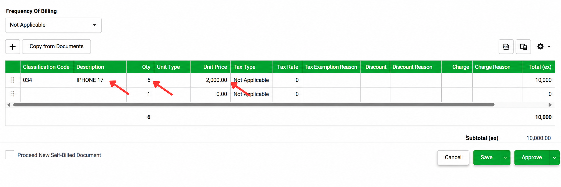 AutoCount Cloud Accounting self-billed invoice item details showing classification code 034, description, quantity, unit price, tax type, and total amount.