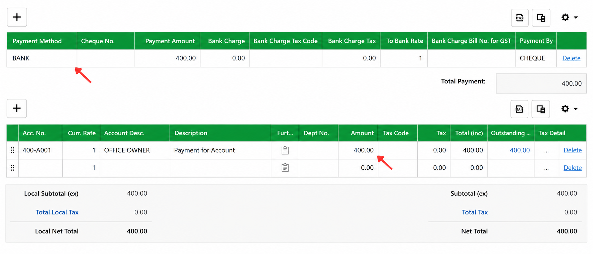 AutoCount Cloud Accounting Payment Voucher showing Bank as the payment method and RM400 entered as the rental payment amount for the office owner.