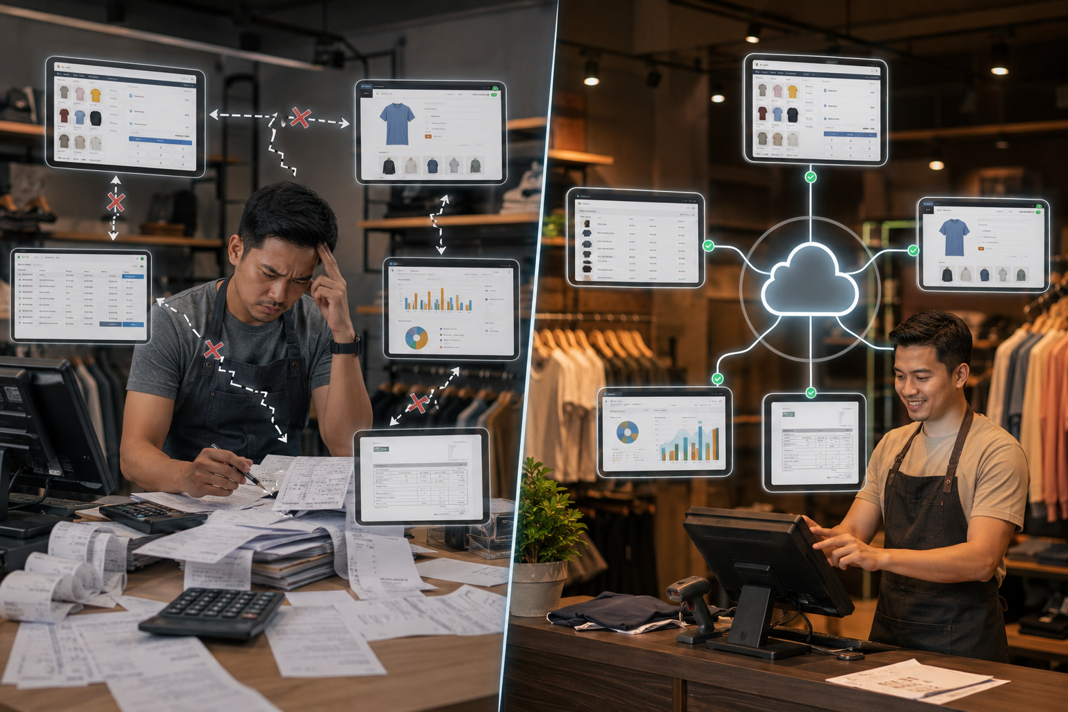 Separate POS accounting and e-commerce systems compared with unified retail software