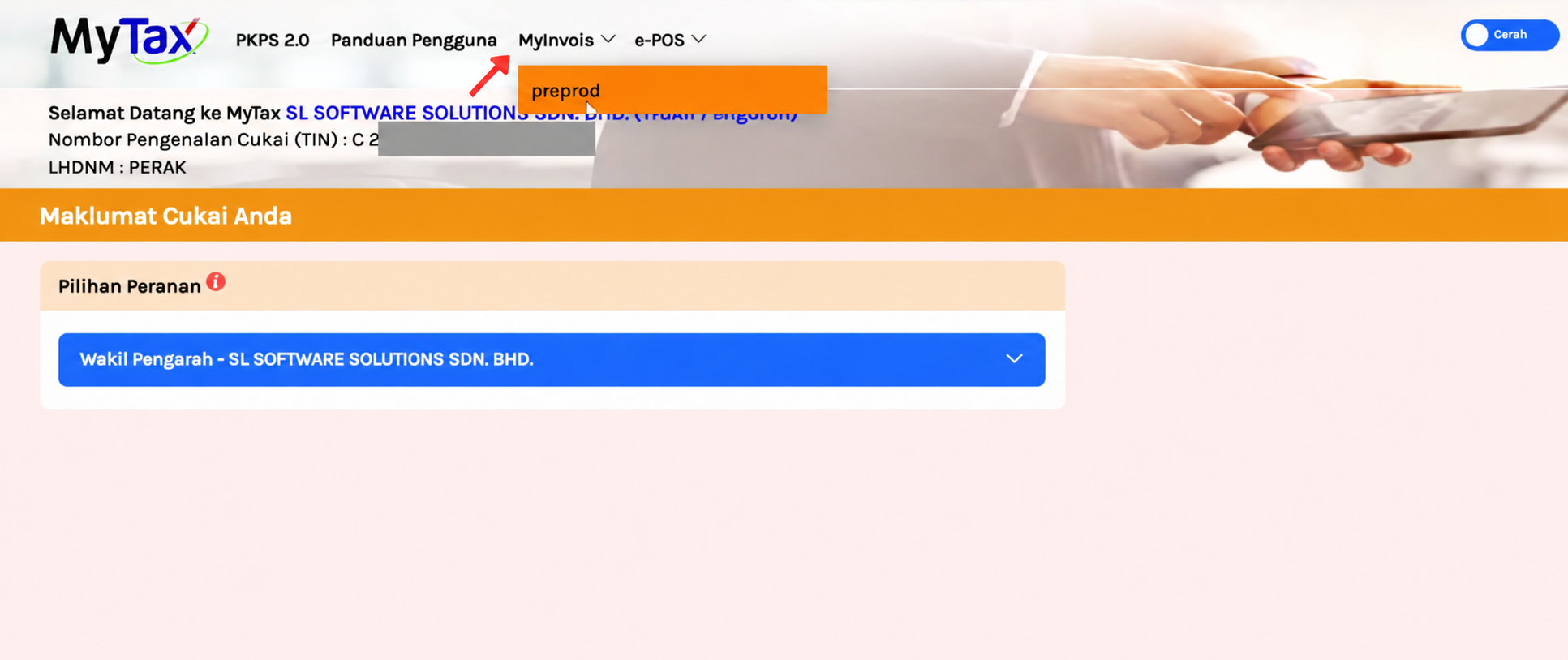 MyTax company profile with Wakil Pengarah selected and the MyInvois menu opened