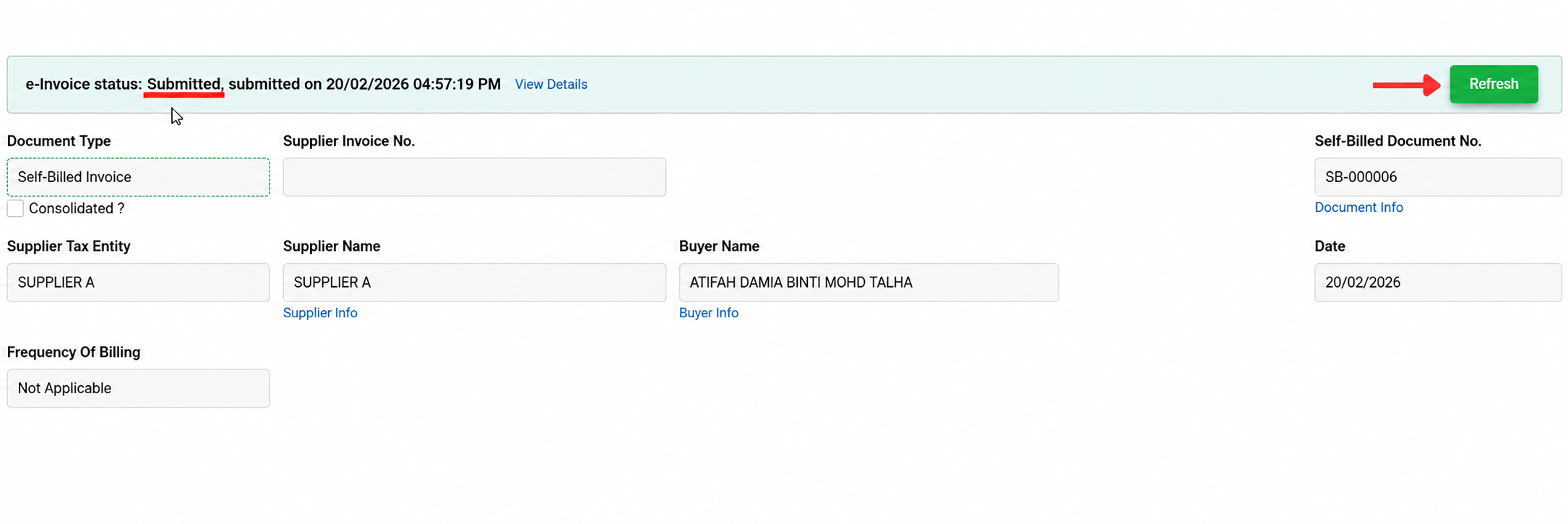AutoCount Cloud Accounting self-billed invoice showing e-Invoice status as Submitted with the Refresh button to update the status.