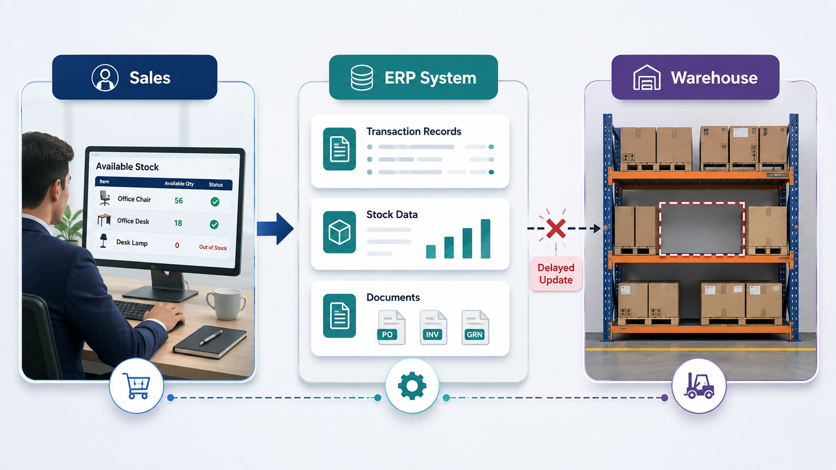 Workflow showing Sales, ERP transaction records and a warehouse with missing stock caused by a delayed inventory update