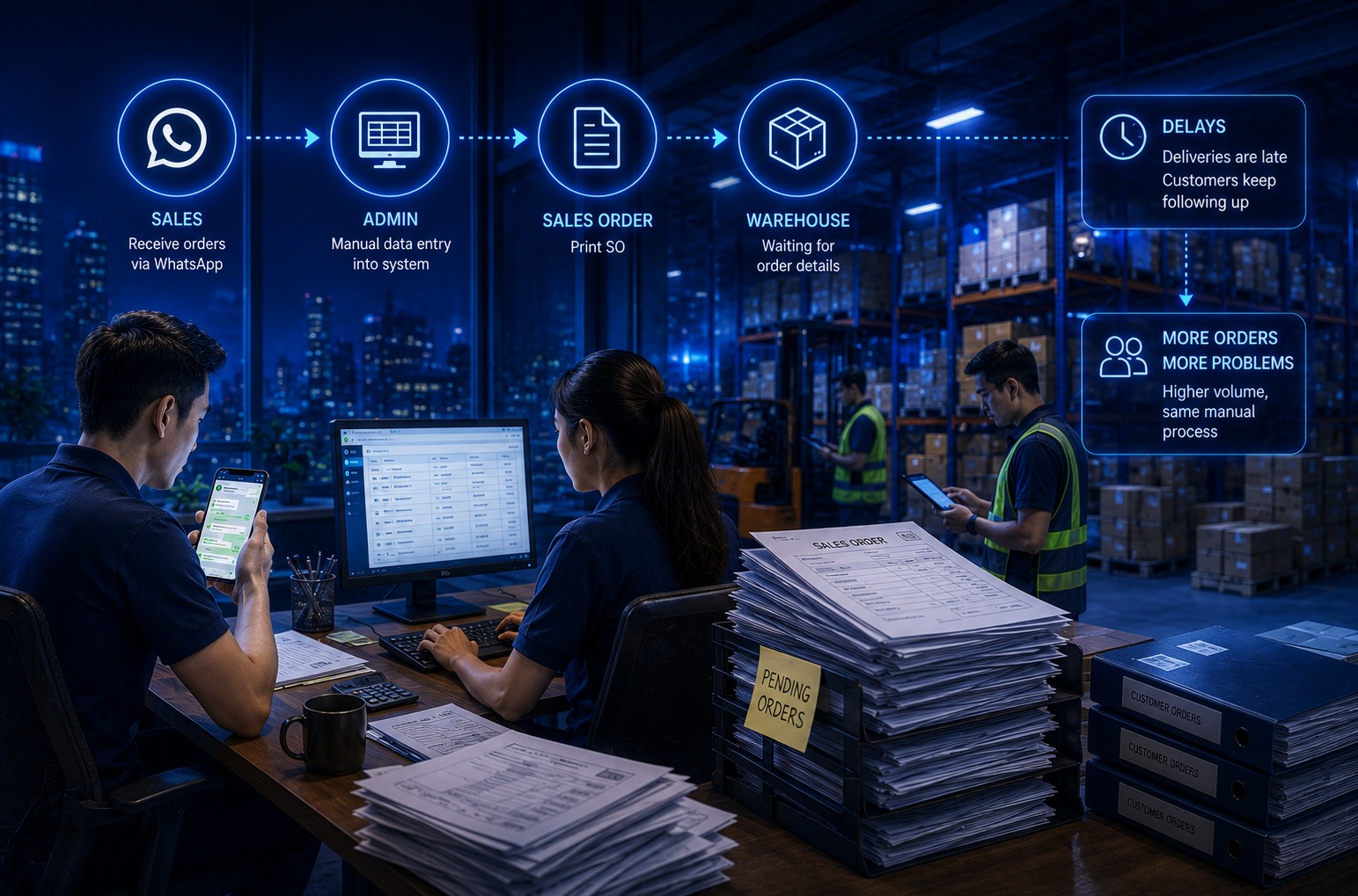 Sales order workflow delays affecting a wholesale trading team using WhatsApp, manual data entry and printed Sales Orders