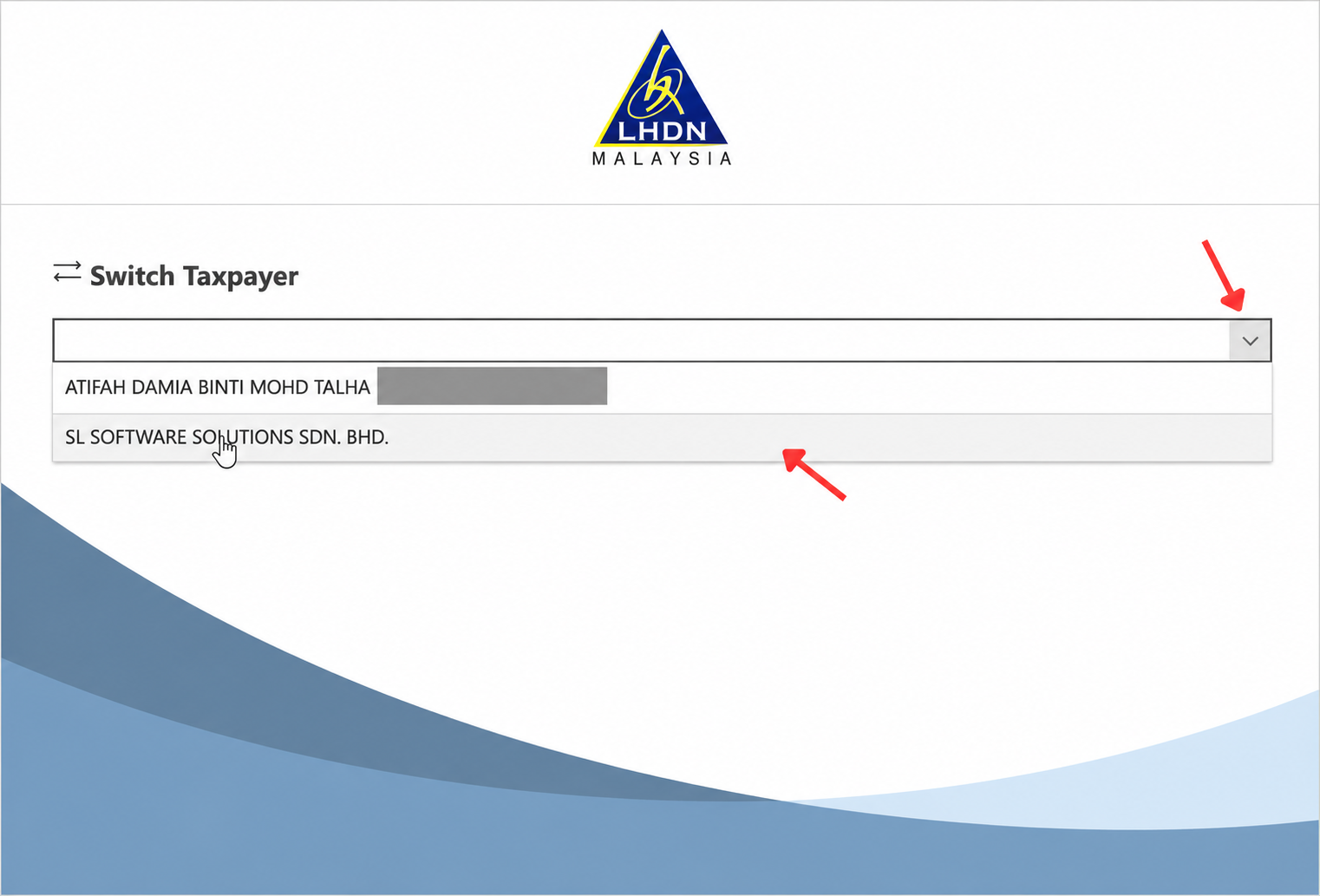 Switch Taxpayer page in MyInvois portal showing selection of company taxpayer profile