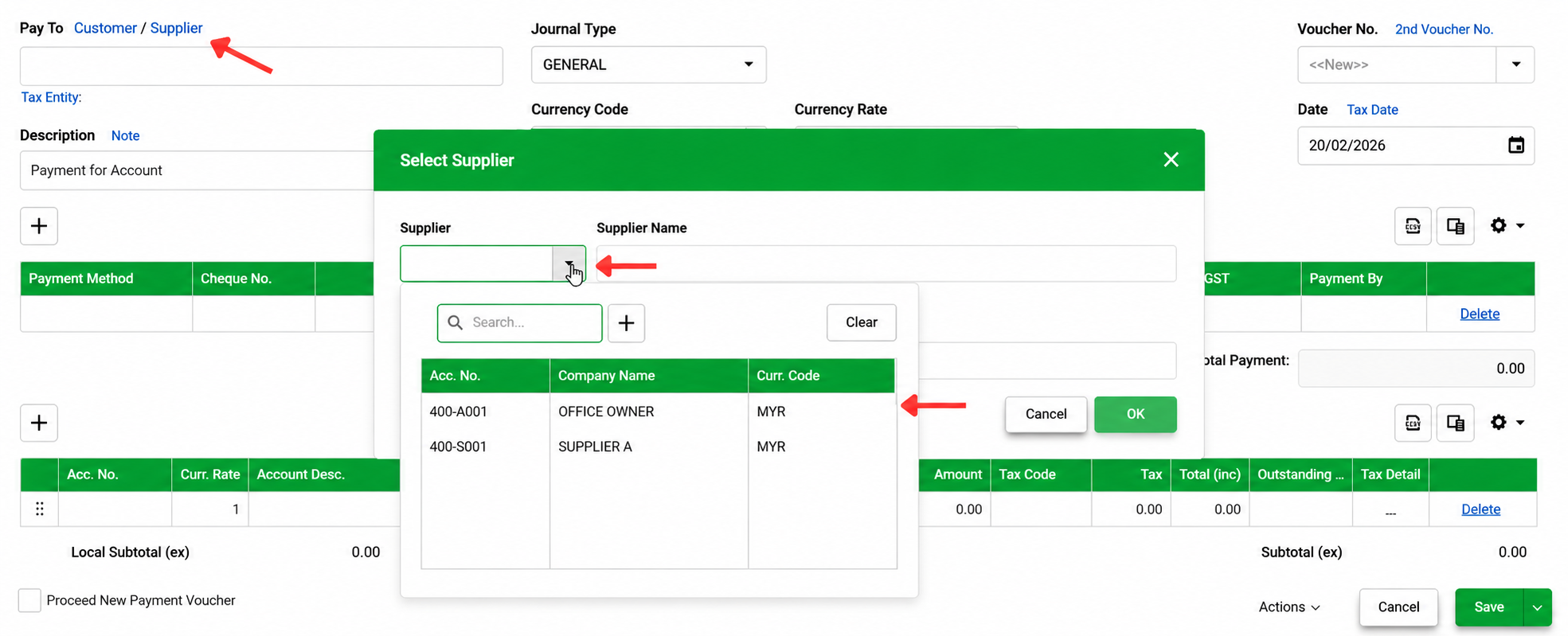 AutoCount Cloud Accounting Payment Voucher showing the supplier selection window for choosing the property owner from the supplier list.