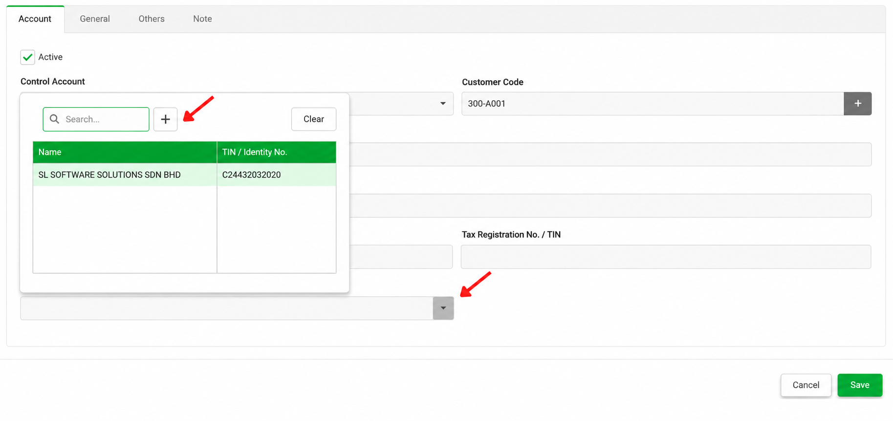 AutoCount Cloud Accounting customer form showing the Tax Entity dropdown, existing tax entity selection, and plus button to add a new tax entity
