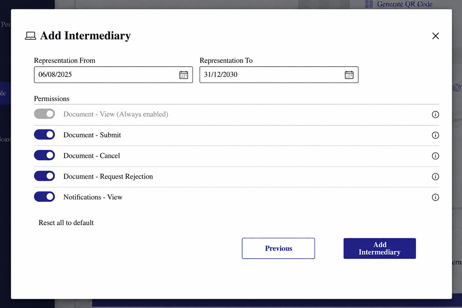 MyInvois Add Intermediary screen showing representation dates, document permissions, and Add Intermediary button