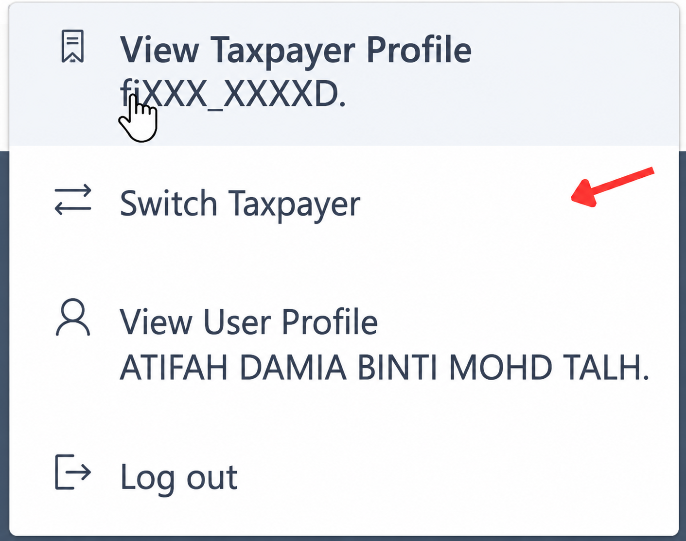 Switch Taxpayer option in MyInvois portal taxpayer profile menu