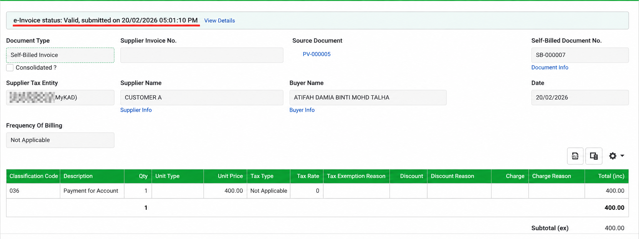 AutoCount Cloud Accounting self-billed invoice showing e-Invoice status as Valid for a rental payment with classification code 036.