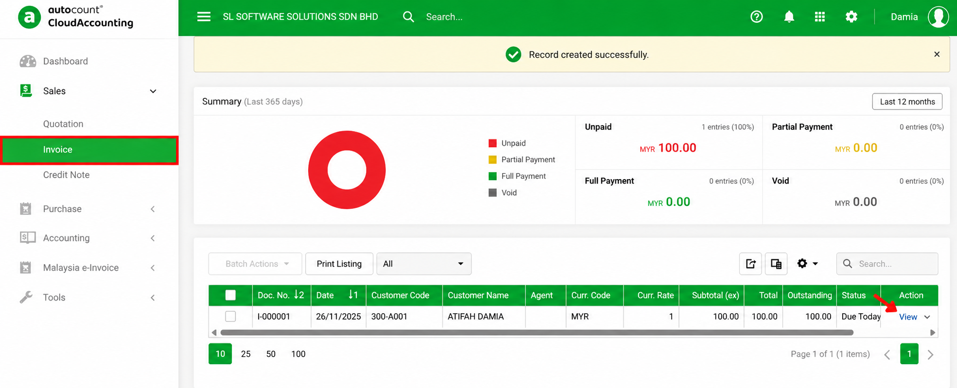 AutoCount Cloud Accounting Sales Invoice list showing a successfully created invoice and the View option