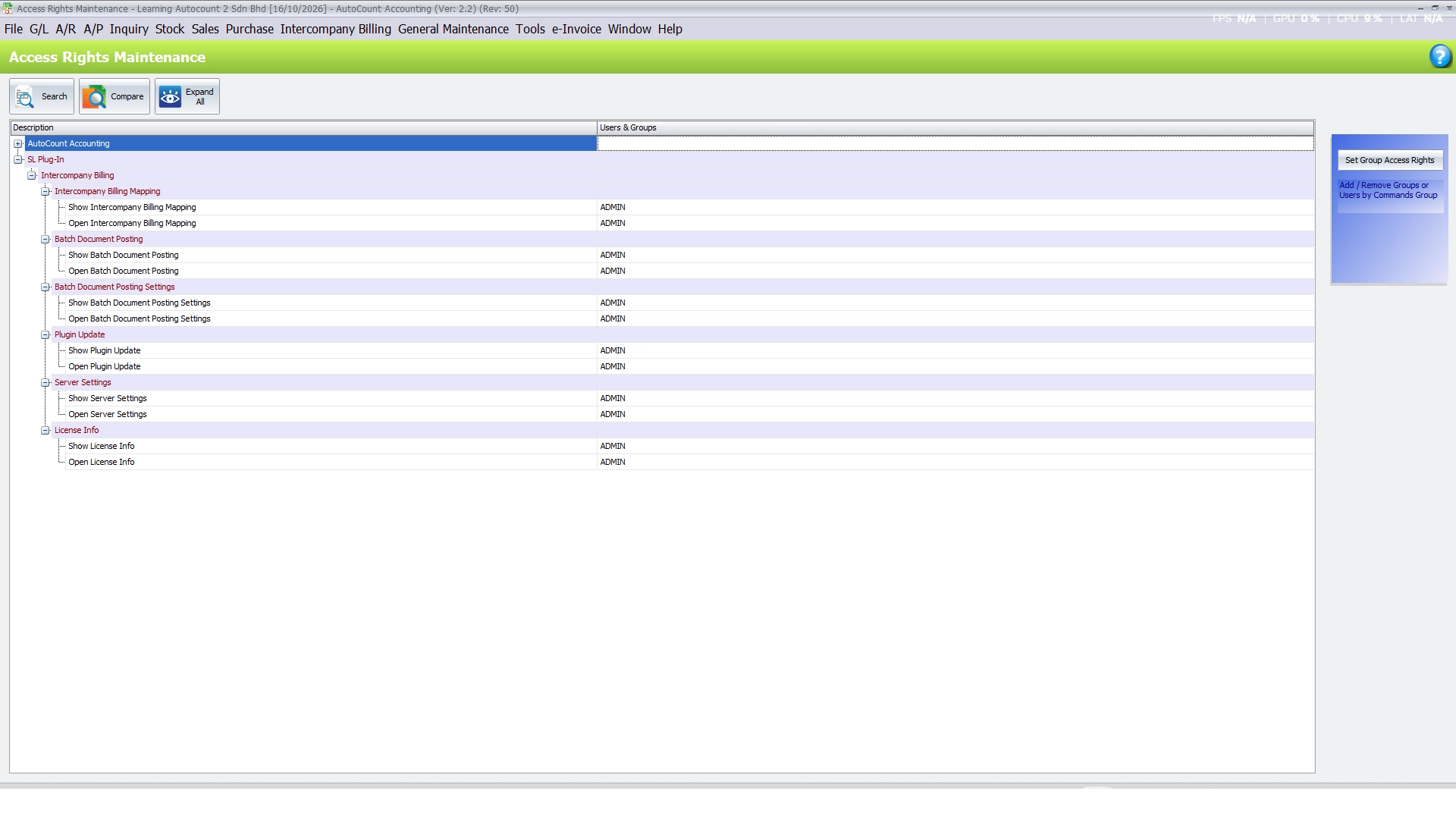 Access Rights Maintenance screen with the SL Plug-In group expanded, listing Intercompany Billing Mapping, Batch Document Posting and Settings rights