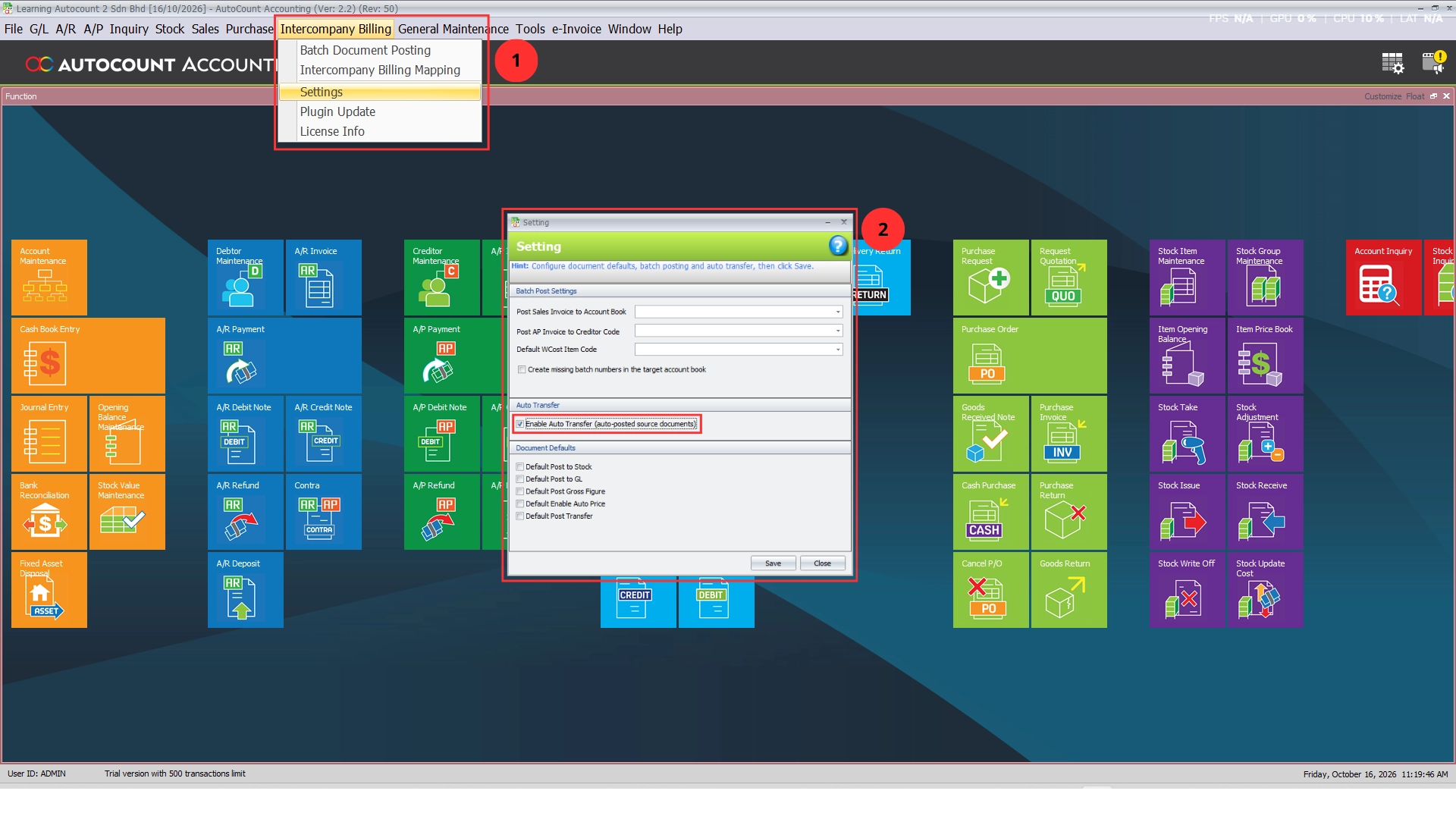 Intercompany Billing Setting window with the Enable Auto Transfer checkbox ticked and highlighted