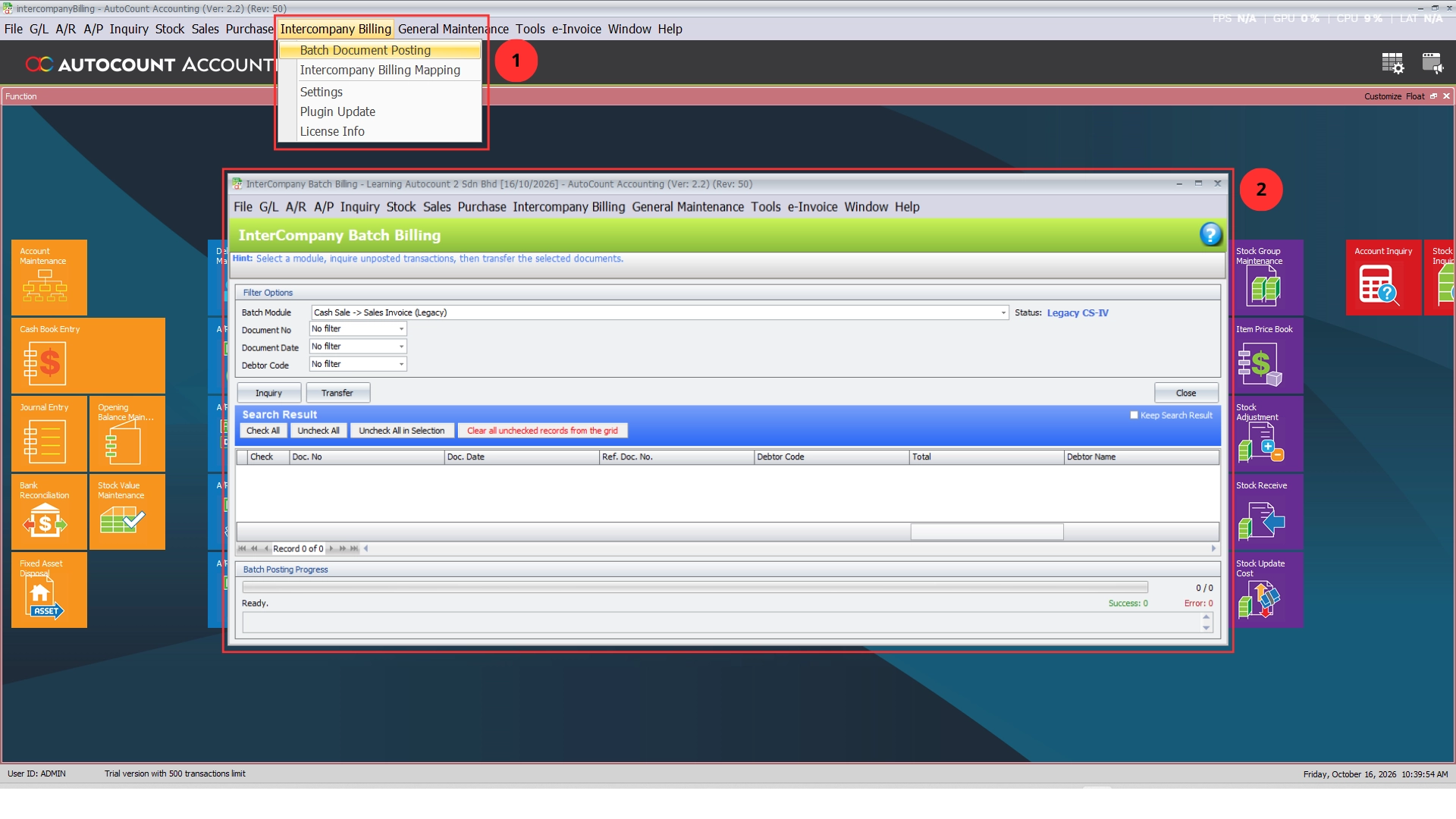 InterCompany Batch Billing screen with filter options, Inquiry and Transfer buttons, a search result grid and a batch posting progress bar
