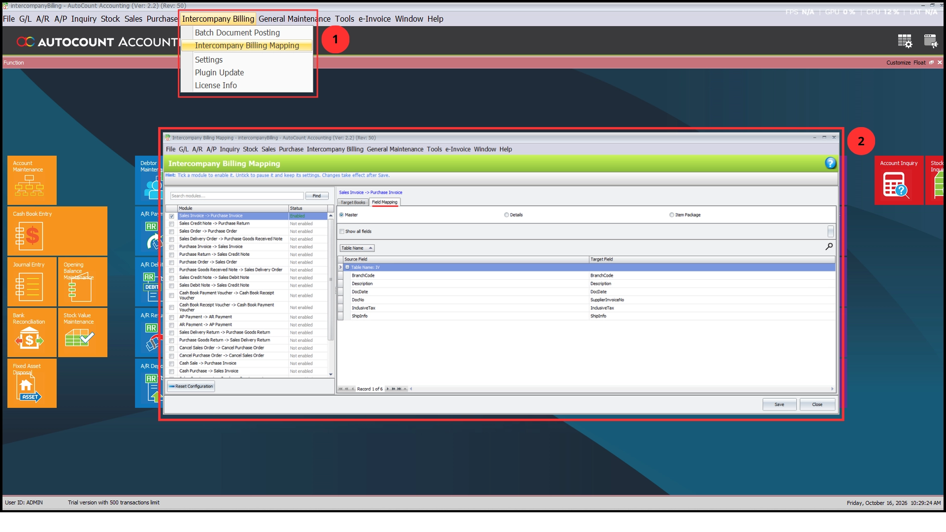 Intercompany Billing Mapping screen on the Field Mapping tab, showing source and target fields for the Sales Invoice to Purchase Invoice module