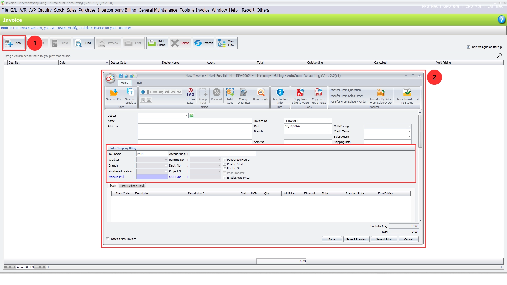 AutoCount Invoice entry form with the InterCompany Billing panel highlighted, showing ICB Name, Account Book, Creditor, Running No and posting options