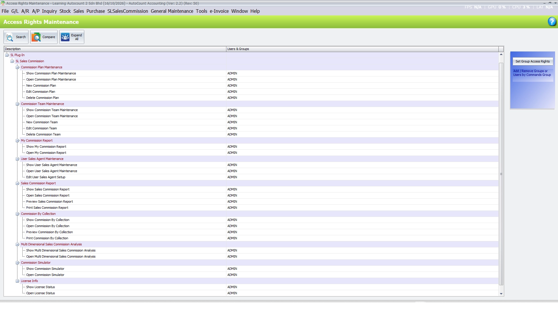 Access Rights Maintenance with SL Plug-In and SL Sales Commission expanded, listing the commission access rights