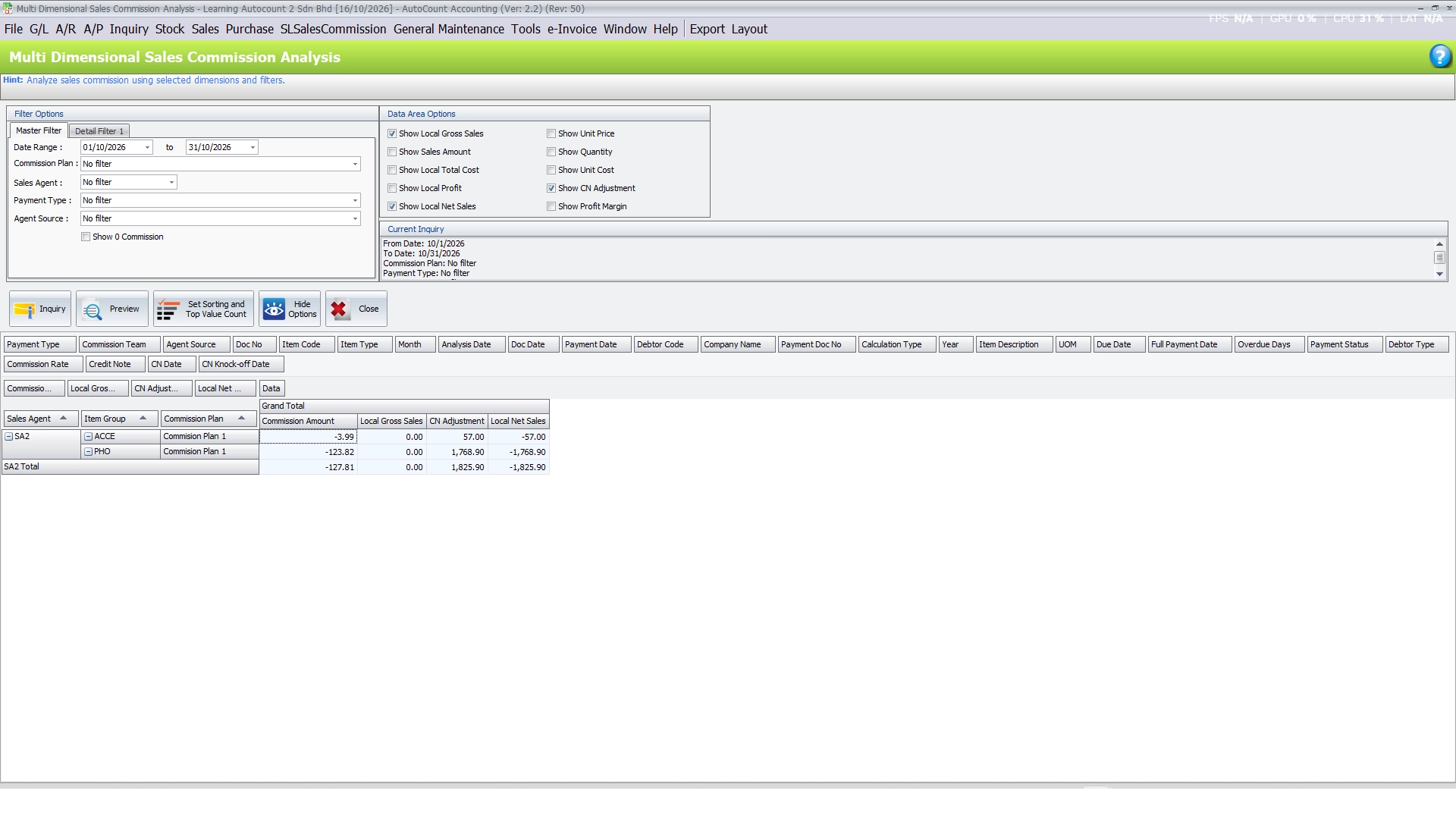 Multi Dimensional Sales Commission Analysis with filter options, data area options and a pivot table