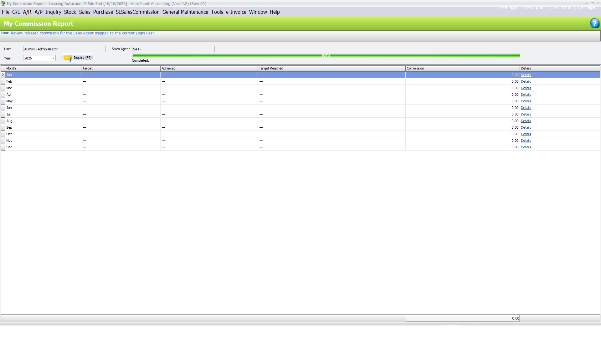 My Commission Report showing monthly target, achieved, target reached and commission with Details links
