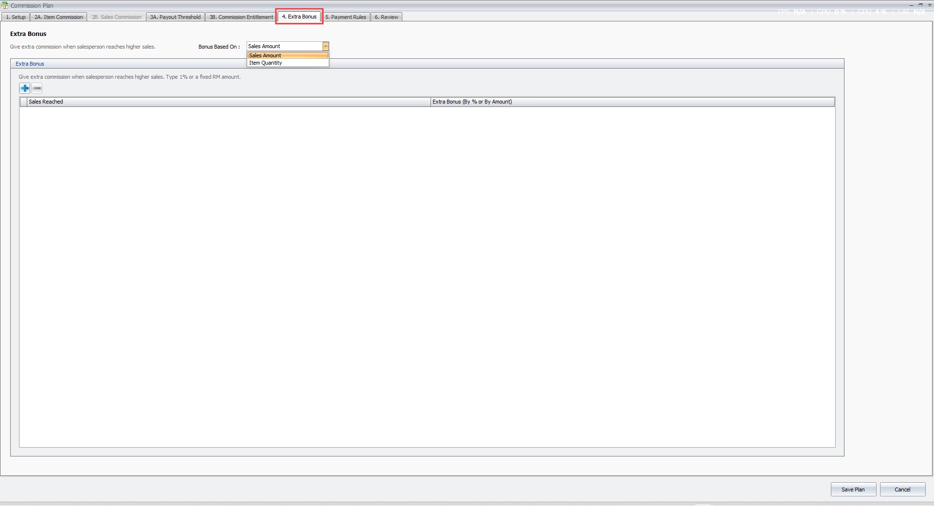 Commission Plan Extra Bonus tab with the Bonus Based On list showing Sales Amount and Item Quantity
