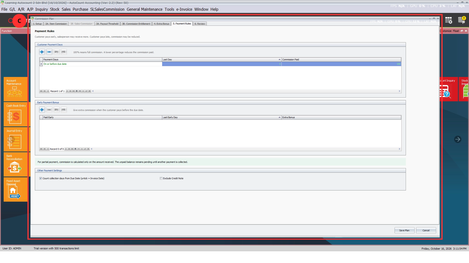 Commission Plan Payment Rules tab showing Customer Payment Days, Early Payment Bonus and Other Payment Settings