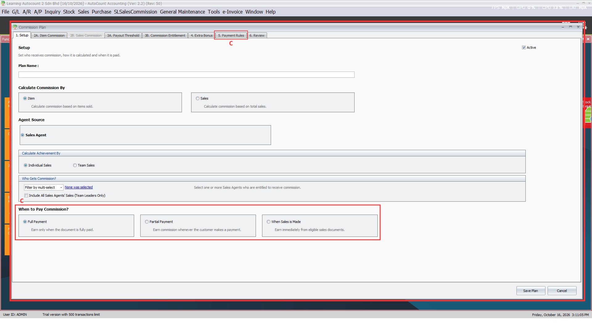 Commission Plan Setup tab with the When to Pay Commission options highlighted and the Payment Rules tab marked
