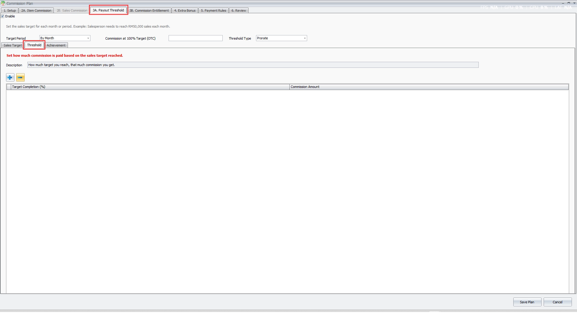 Commission Plan Payout Threshold tab with the Threshold sub-tab showing target completion and commission amount