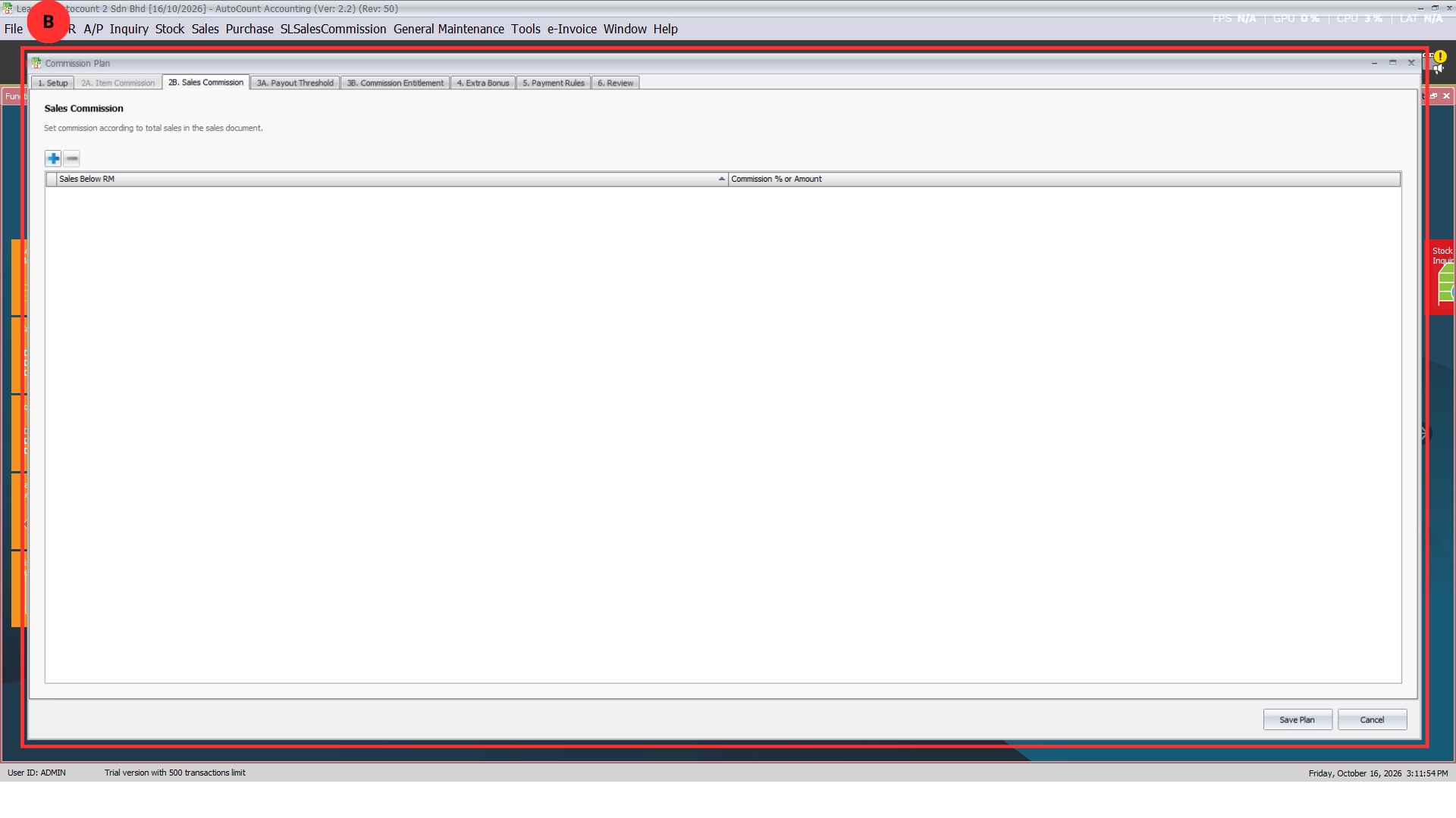 Commission Plan 2B Sales Commission tab with a Sales Below RM and Commission % or Amount grid