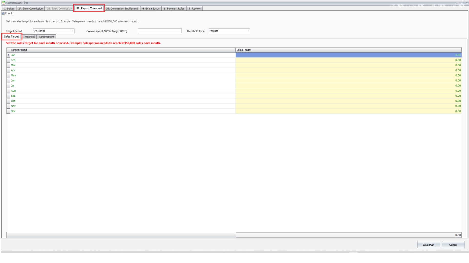 Commission Plan 3A Payout Threshold tab with the Sales Target sub-tab listing monthly targets