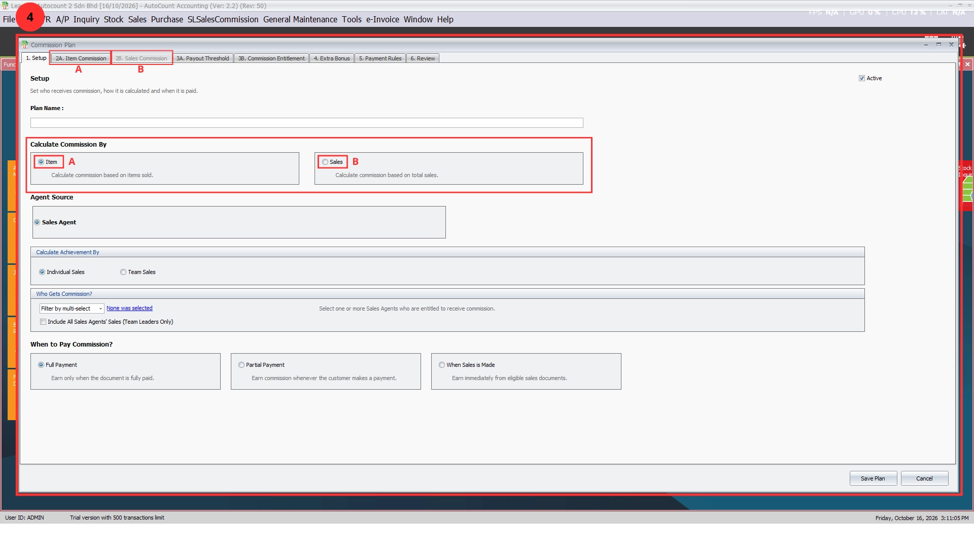 Commission Plan Setup tab with the Calculate Commission By options Item and Sales highlighted