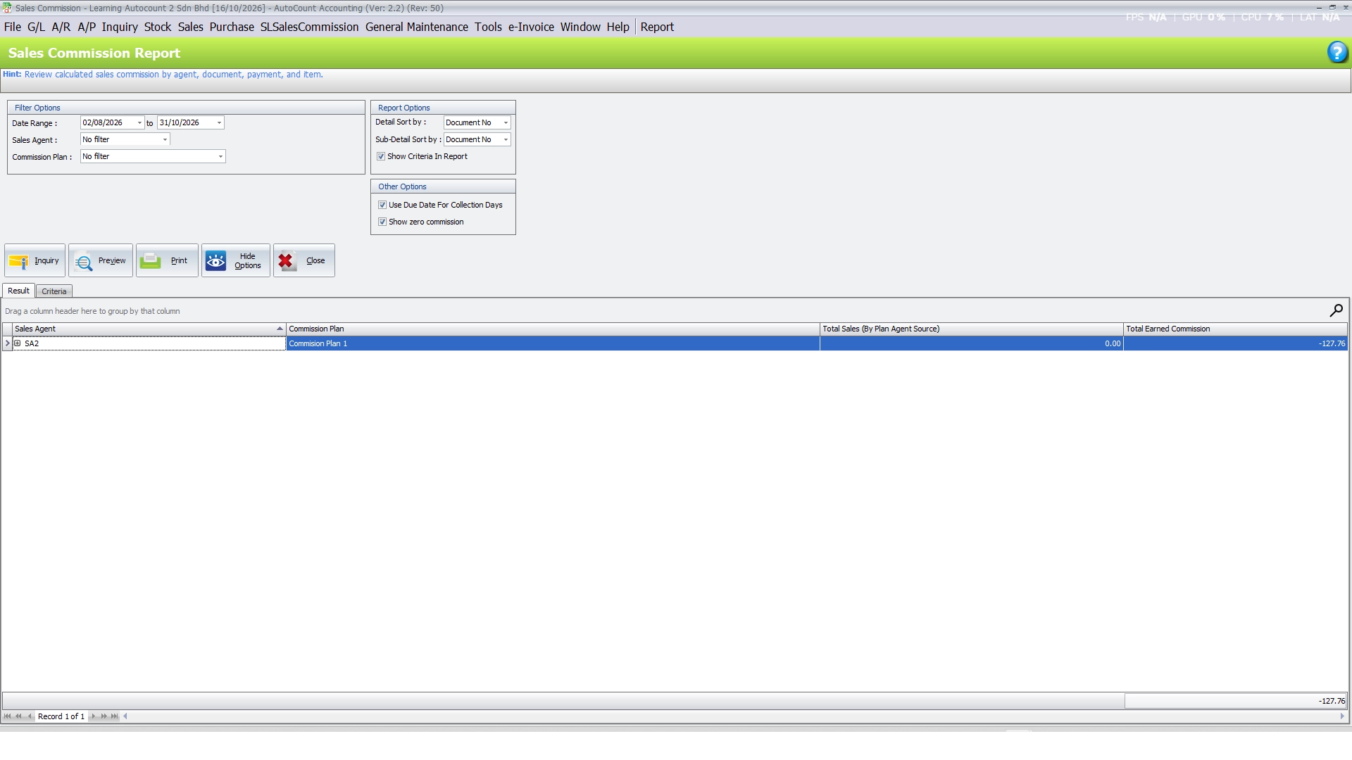 Sales Commission Report screen with filter options, report options and a result grid by sales agent