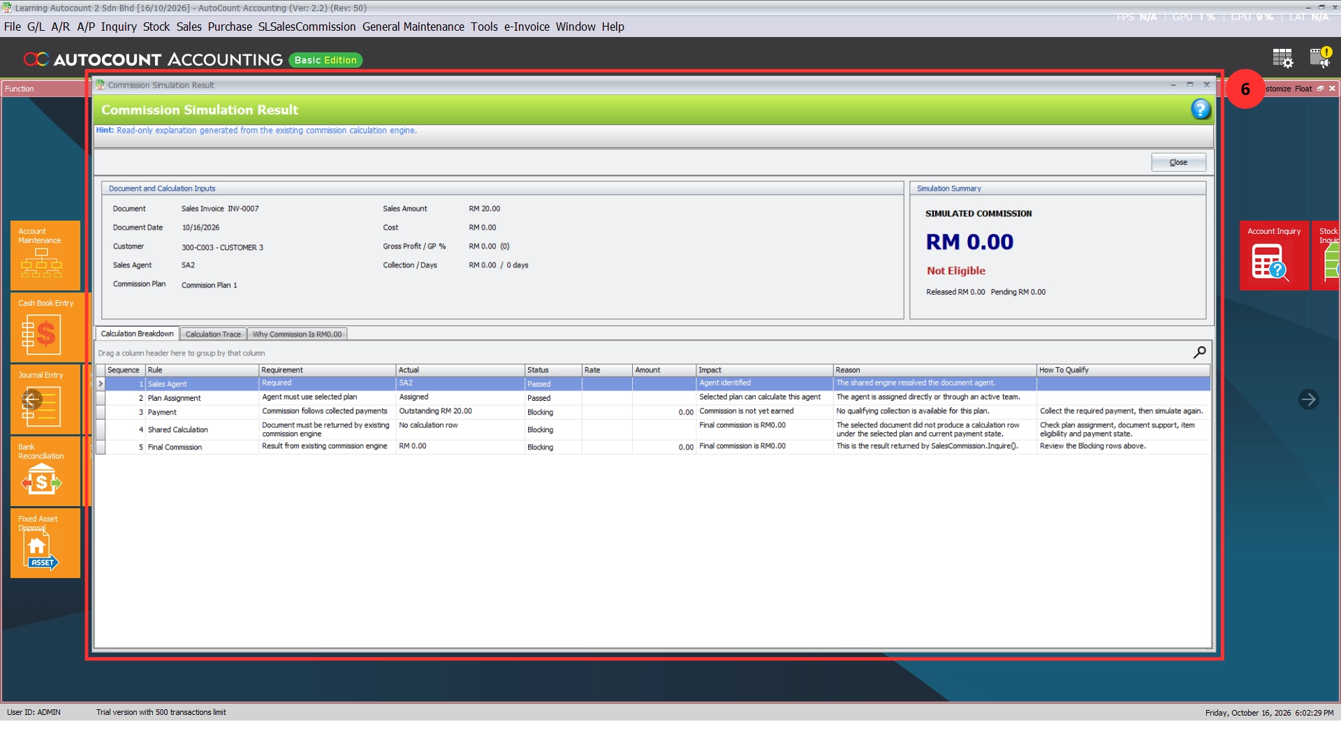 Commission Simulation Result showing the simulated commission and a calculation breakdown with reasons