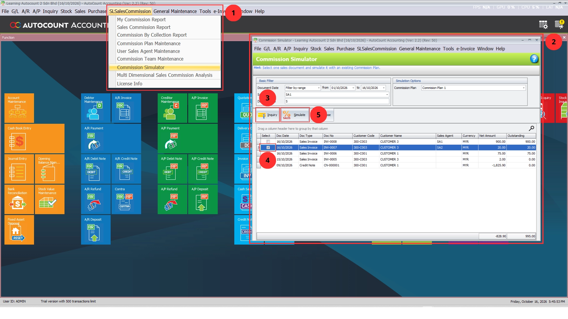 Commission Simulator with the Inquiry button, a selected sales document and the Simulate button highlighted