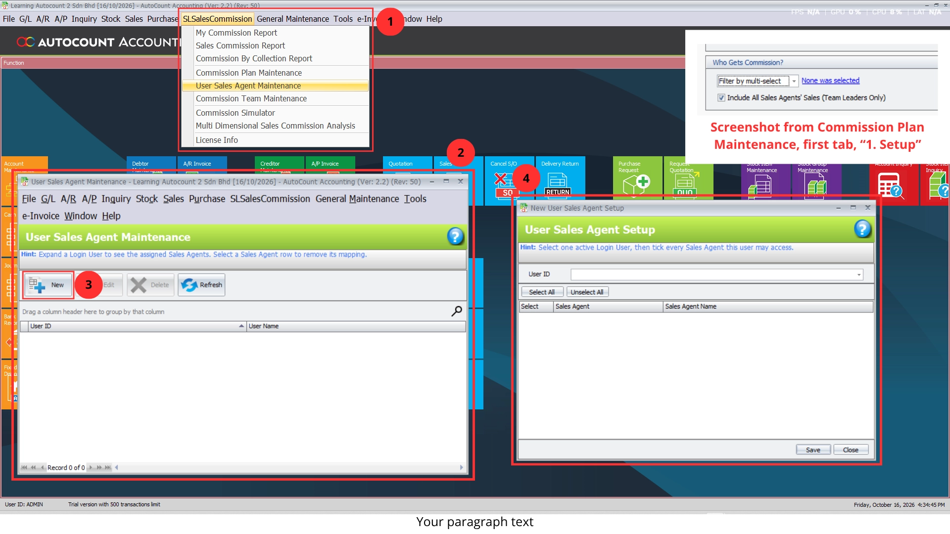 User Sales Agent Maintenance list and the User Sales Agent Setup form linking a login user to sales agents