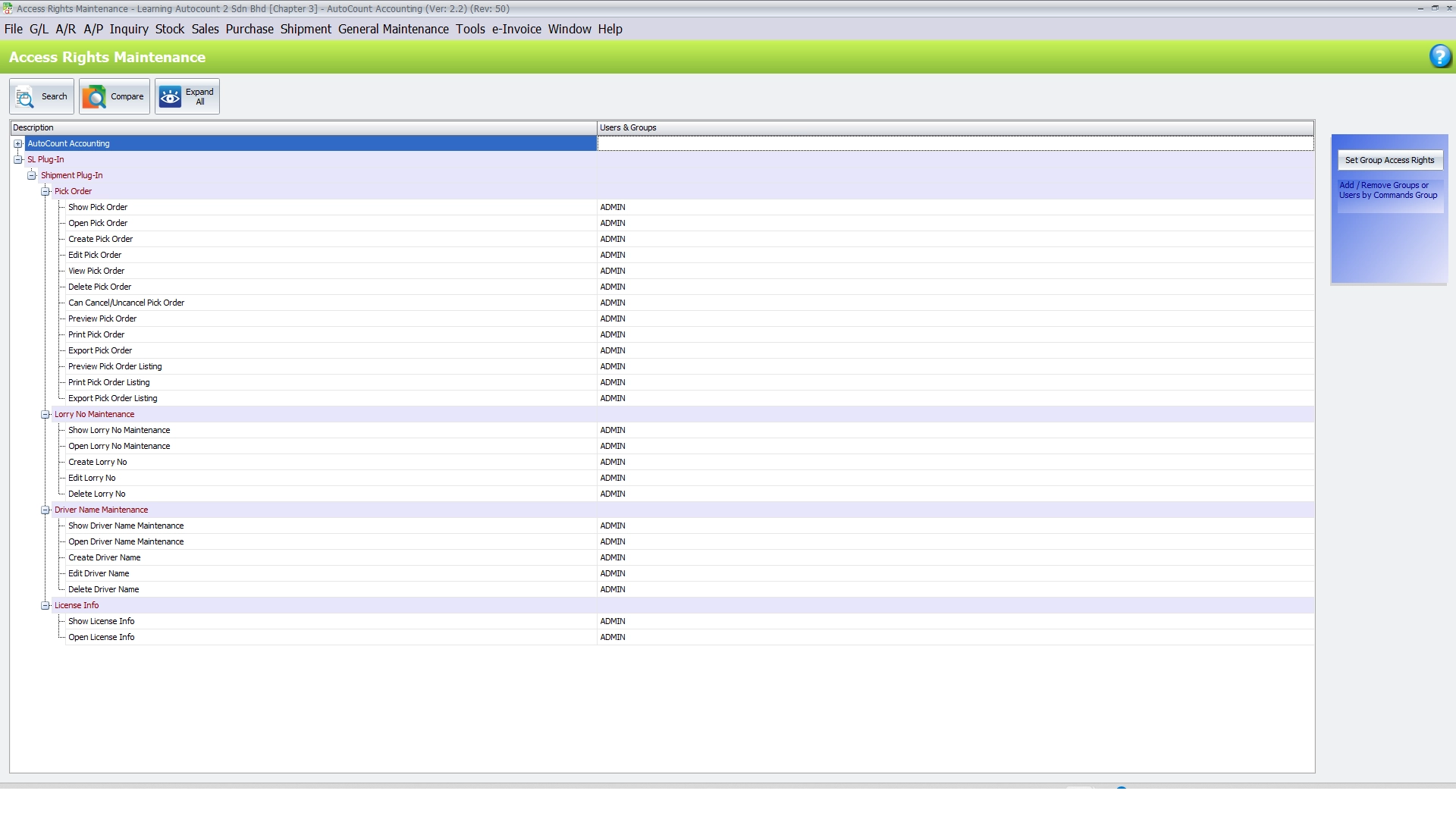 AutoCount Access Rights Maintenance screen listing Shipment Plugin permissions for Pick Order, Lorry No, Driver Name and License Info