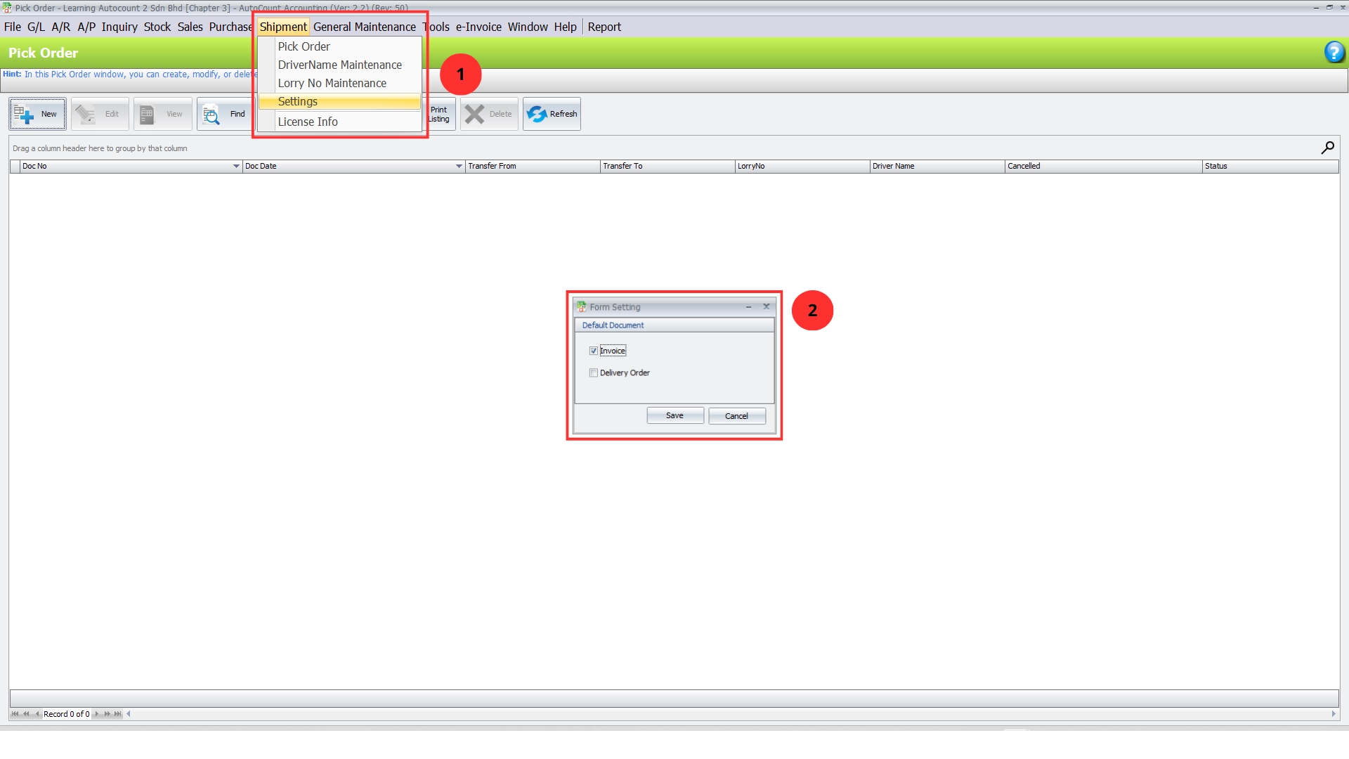 AutoCount Shipment Plugin Settings window for choosing Invoice or Delivery Order as the default document for Pick Order transfer