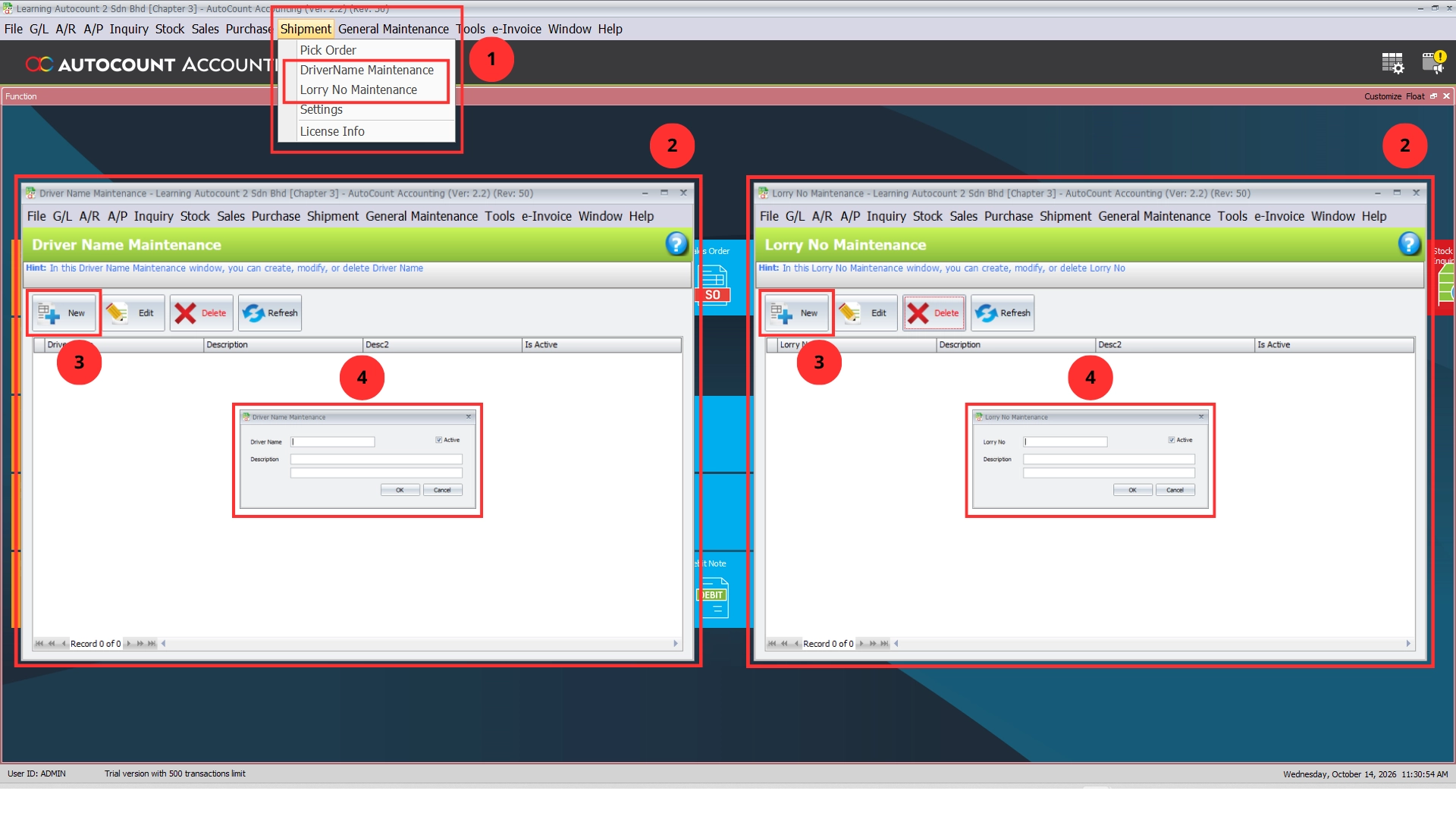 AutoCount Shipment Plugin Driver Name Maintenance and Lorry No Maintenance windows for adding driver and lorry records