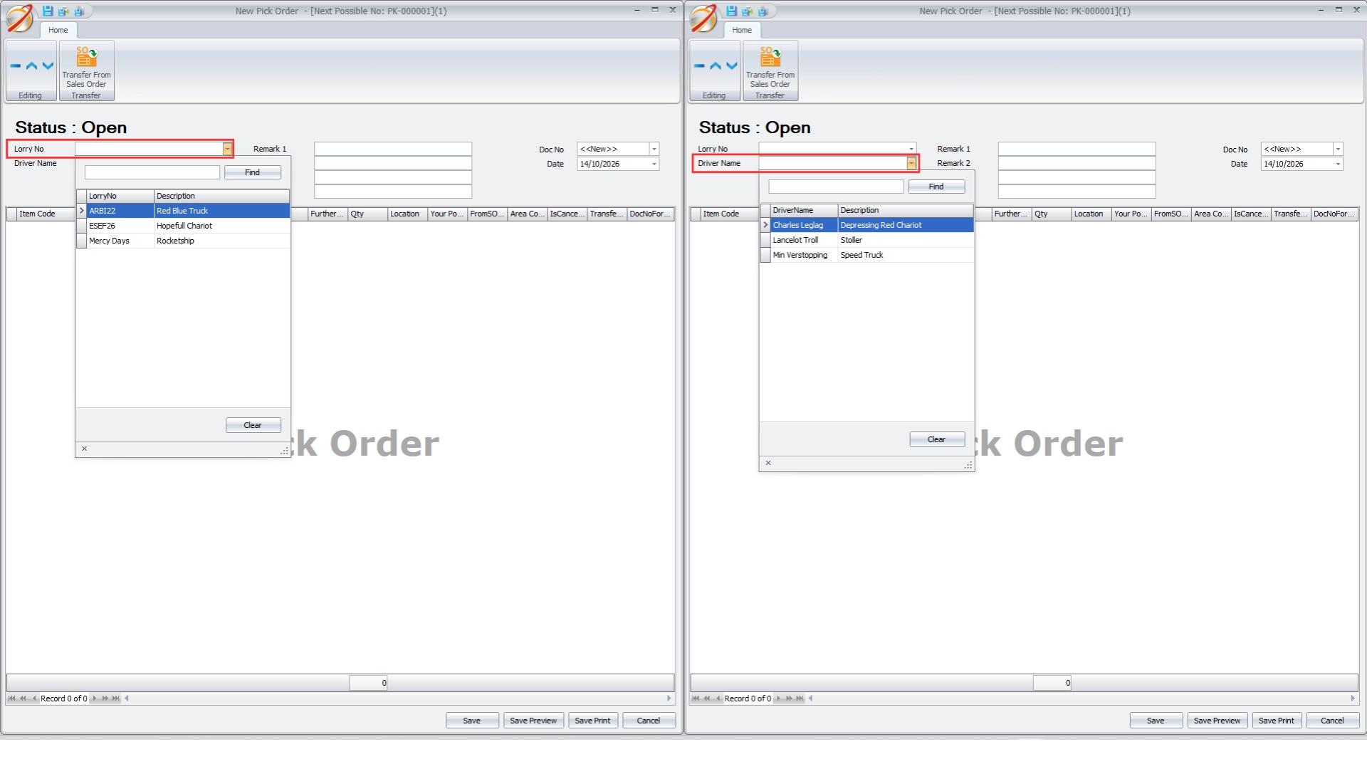 Selecting a lorry number and driver name from dropdown lists on a new Pick Order in the AutoCount Shipment Plugin