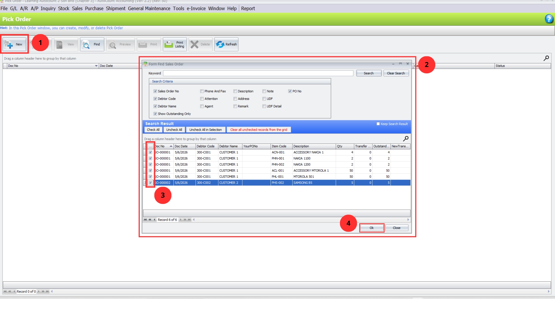 Selecting outstanding Sales Order items in the AutoCount Shipment Plugin, showing quantity, transfer and outstanding balance columns