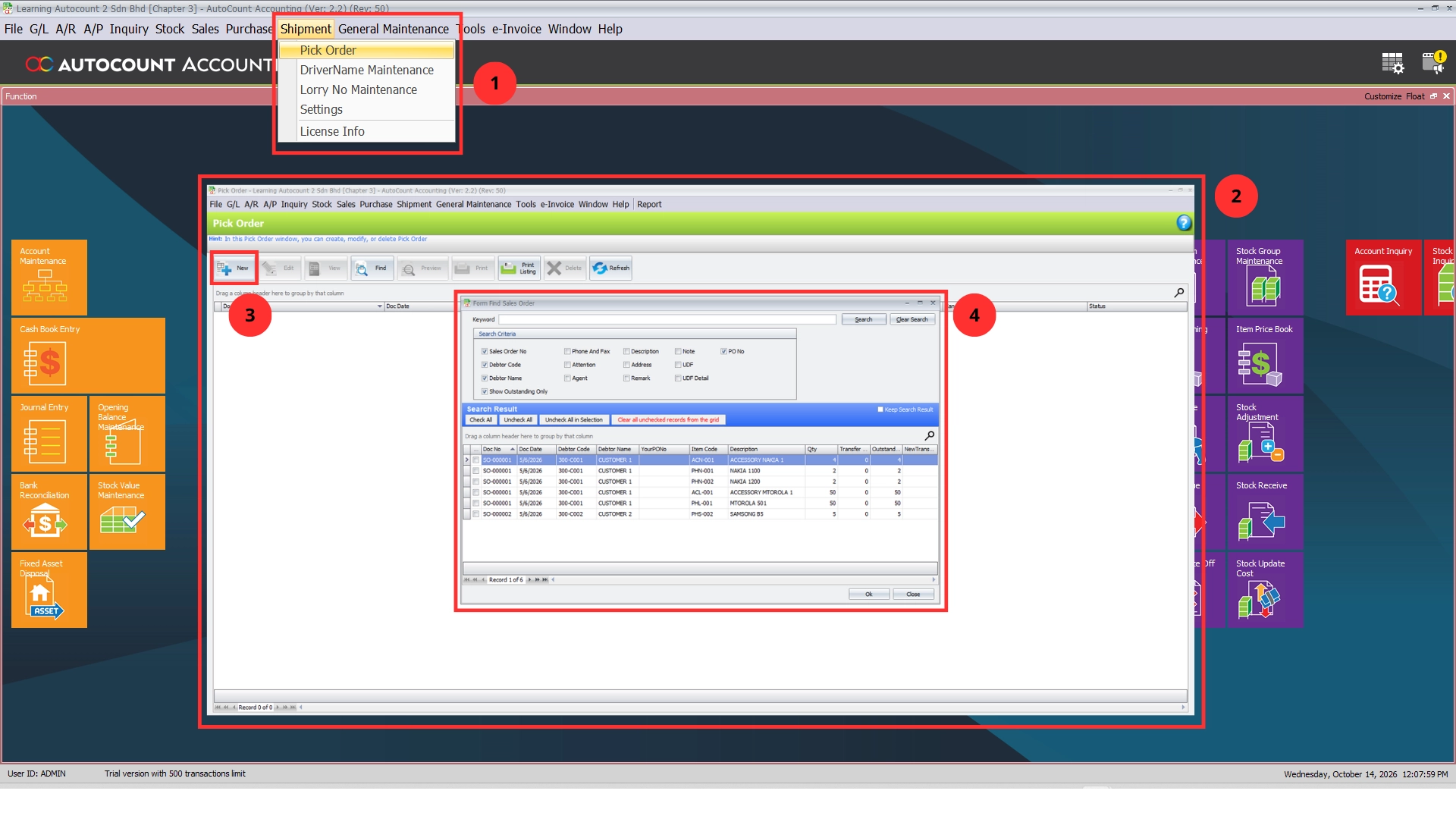 AutoCount Shipment Plugin Pick Order screen opened from the Shipment menu, with the Find Sales Order window listing outstanding Sales Orders