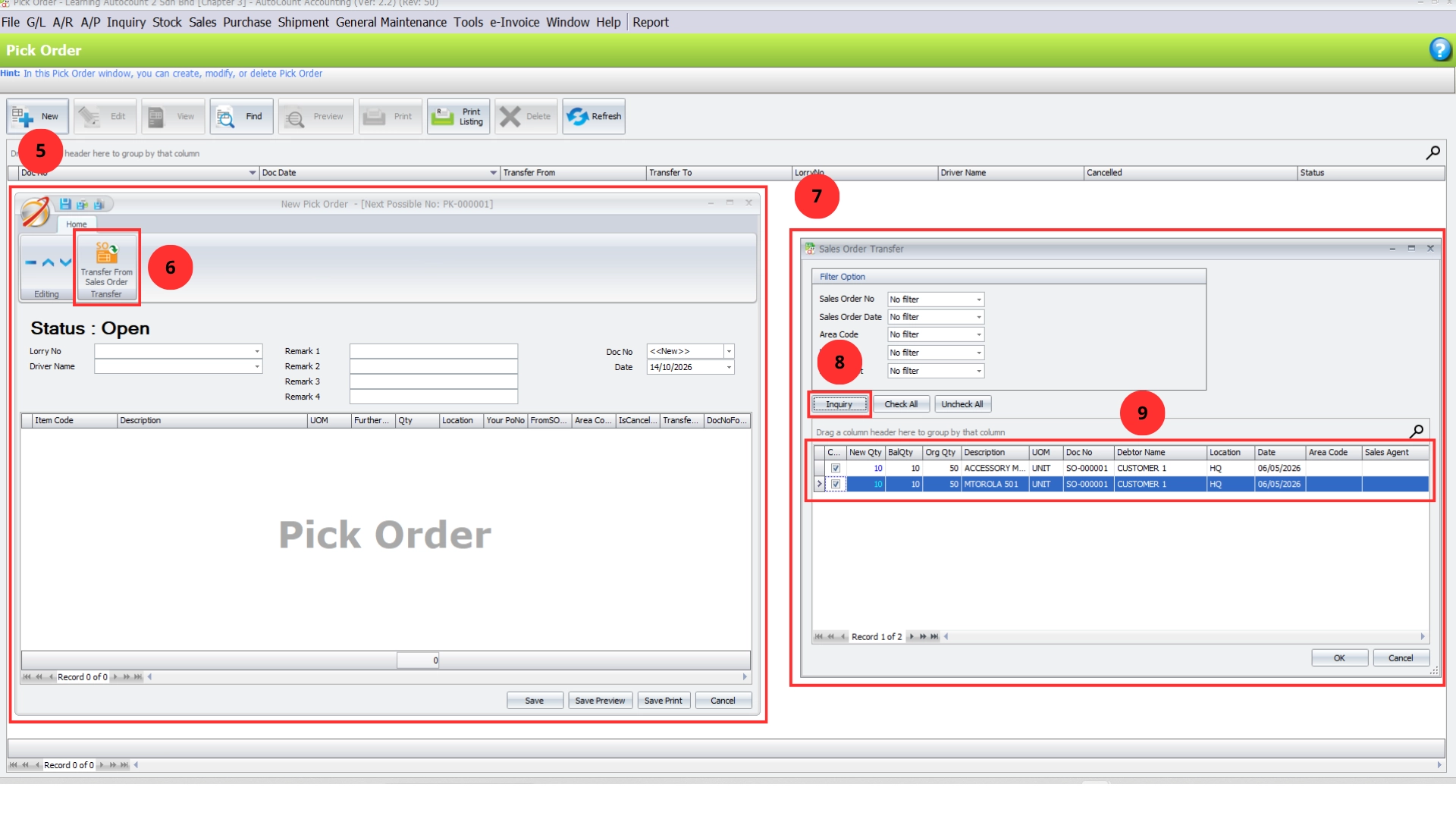 AutoCount Shipment Plugin Sales Order Transfer window showing original quantity, balance quantity and new picking quantity