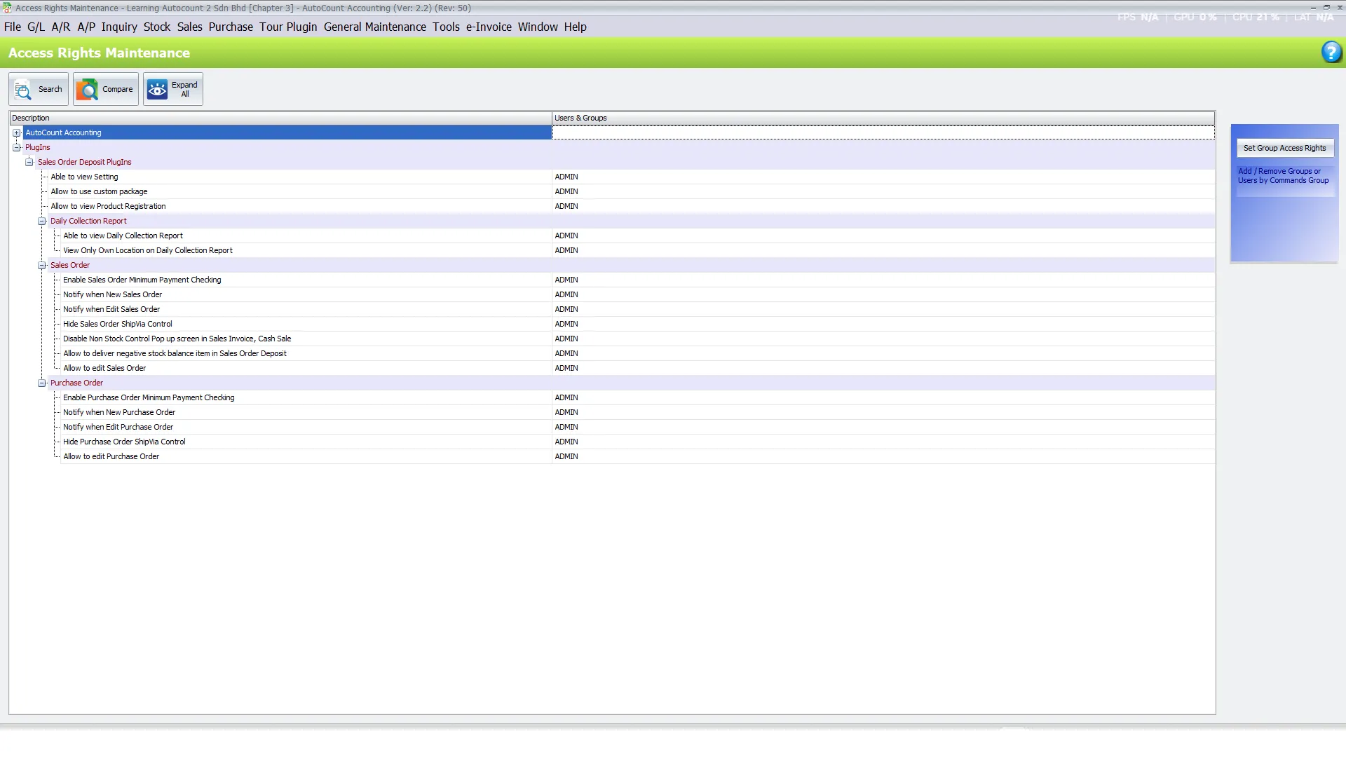 AutoCount Access Rights Maintenance screen with the Sales Order Deposit PlugIns group, showing Daily Collection Report, Sales Order and Purchase Order rights
