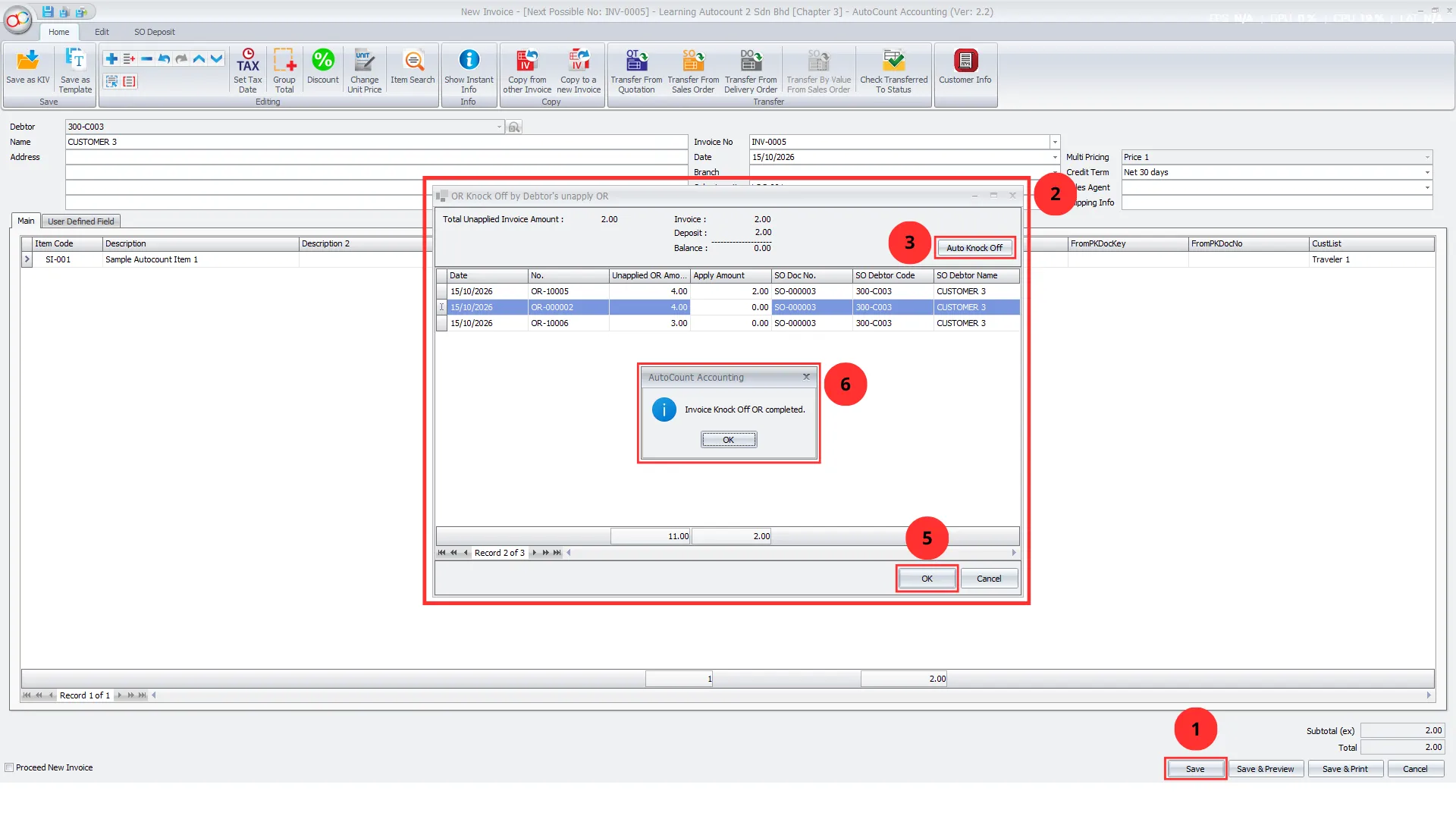 AutoCount Sales Invoice with the Unapplied Payment dialog open after saving, showing unapplied official receipts, the Auto Knock Off button and a completion message
