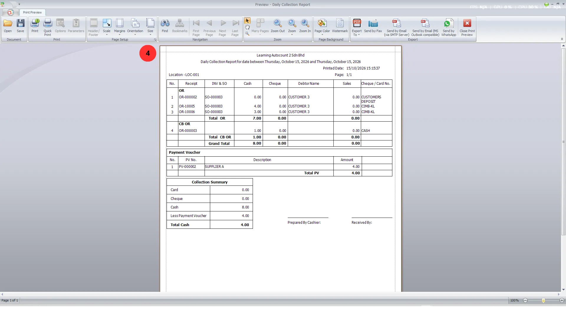 Preview of the Tour Plugin Daily Collection Report showing official receipts, cash-book receipts, payment vouchers and a collection summary for one location