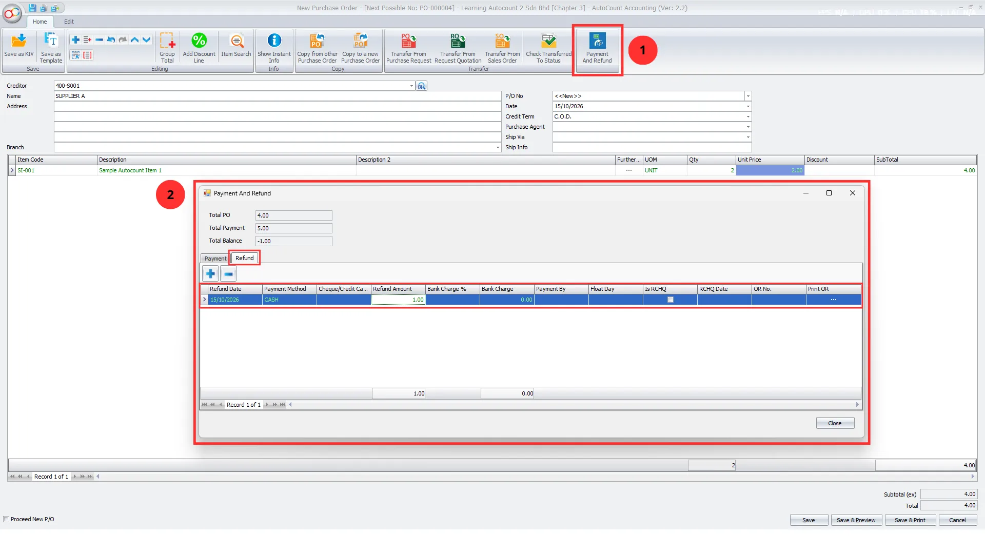 Refund tab of the Tour Plugin Payment And Refund dialog on a Purchase Order, with the Refund tab and the refund row highlighted